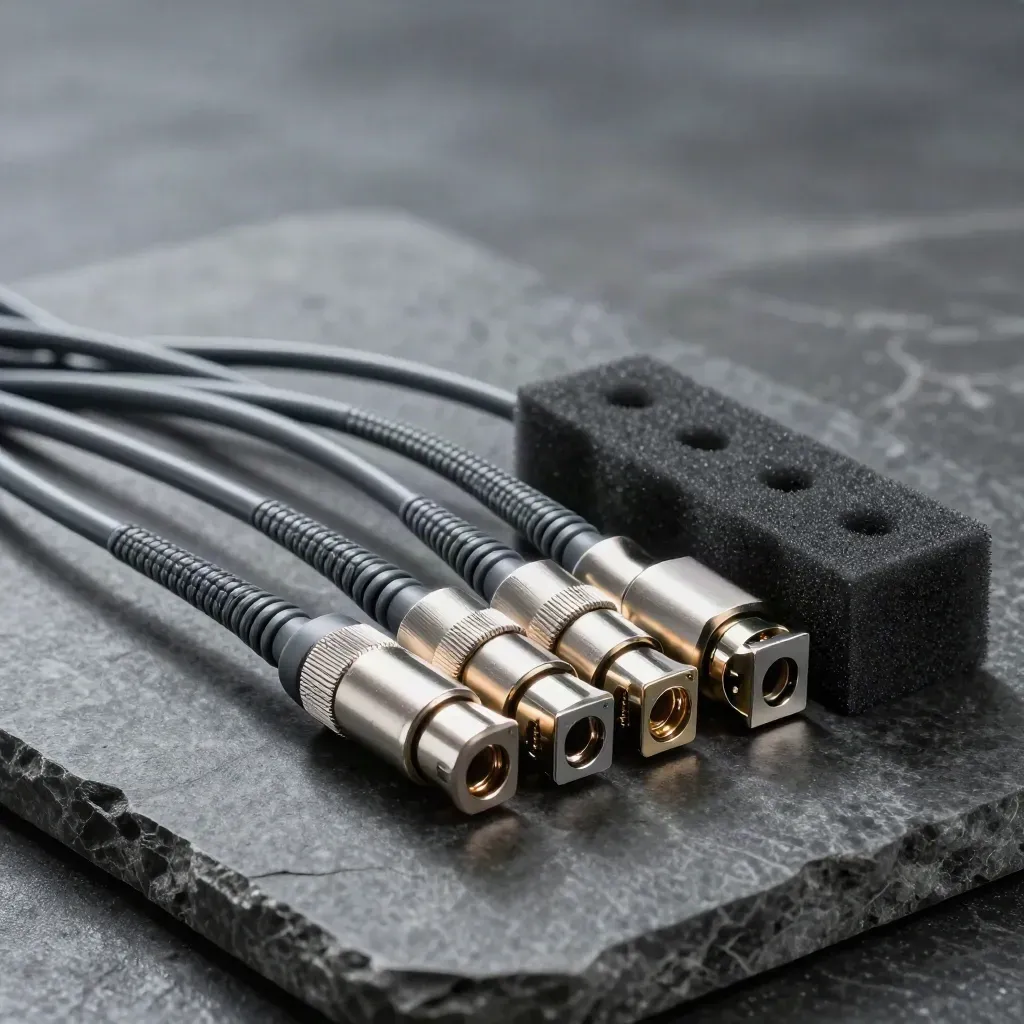 Fiber optic couplers and patch leads on dark stone in cool studio light.