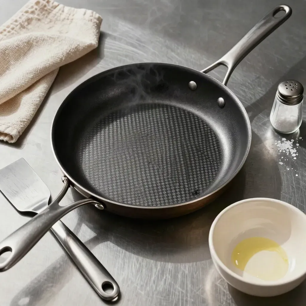 Macro still life of seared pan, scraper, linen towel, salt cellar and ceramic bowl on brushed steel.