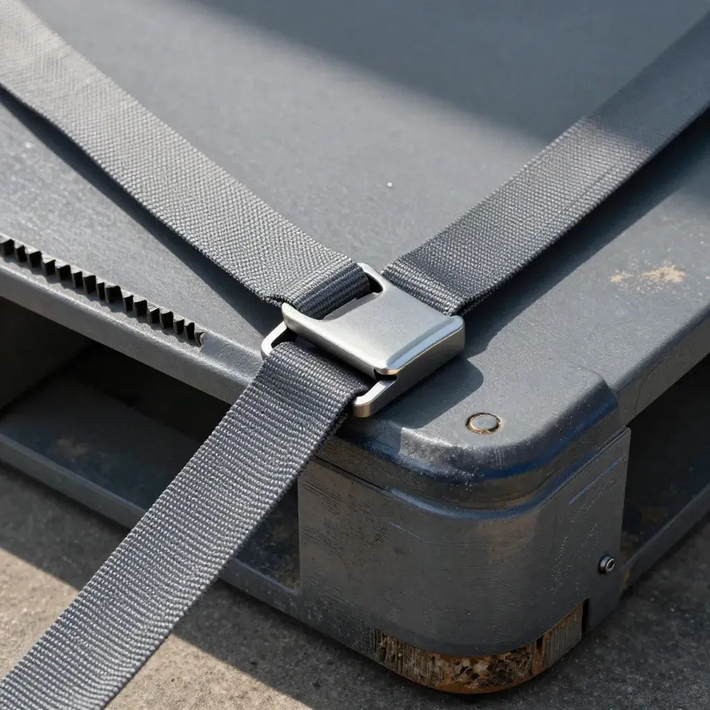 Ratchet strap, buckle, edge protector and pallet shield on graphite metal under hard warehouse light.