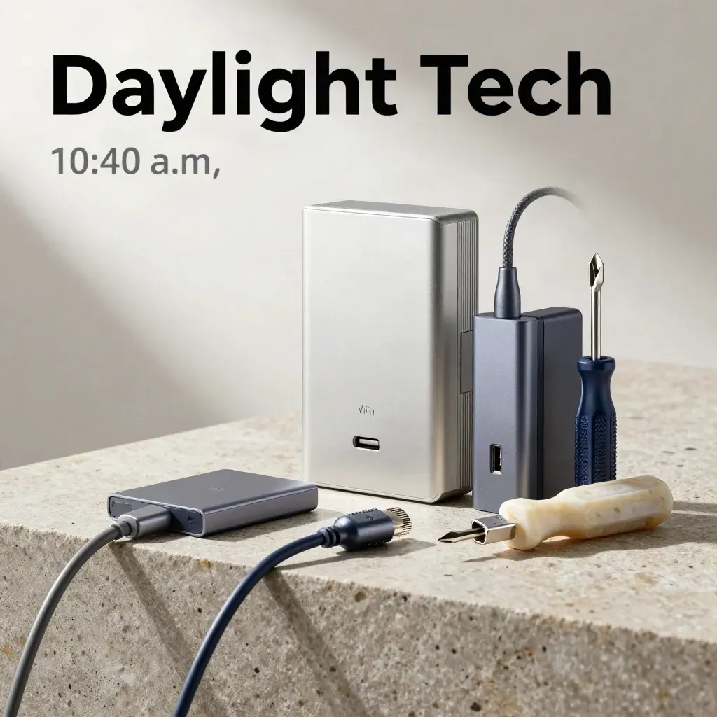 Premium IT support kit on pale stone with cables, switch, SSD and tools in soft studio light.