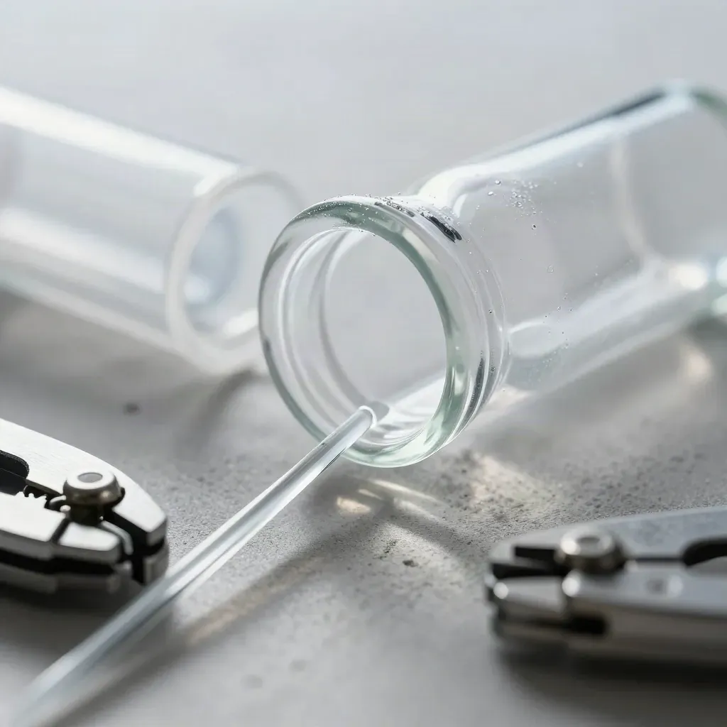 Borosilicate vials, frosted tray, glass rod and crimpers on pale concrete in dramatic studio light.