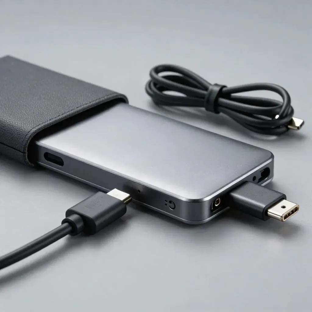 Portable SSD sliding into its sleeve beside a docking puck and two coiled sync cables on brushed metal.