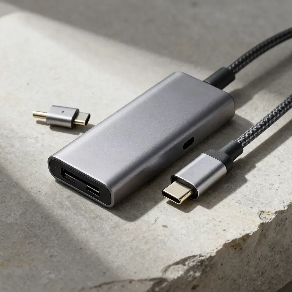 Top-down macro of a USB-C hub with braided cable and tiny adapters on matte stone.