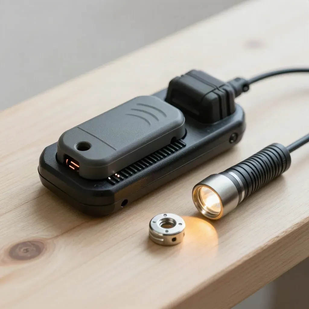 Top-down macro still life of radio charger, RFID fob, flashlight, fastener on pale wood