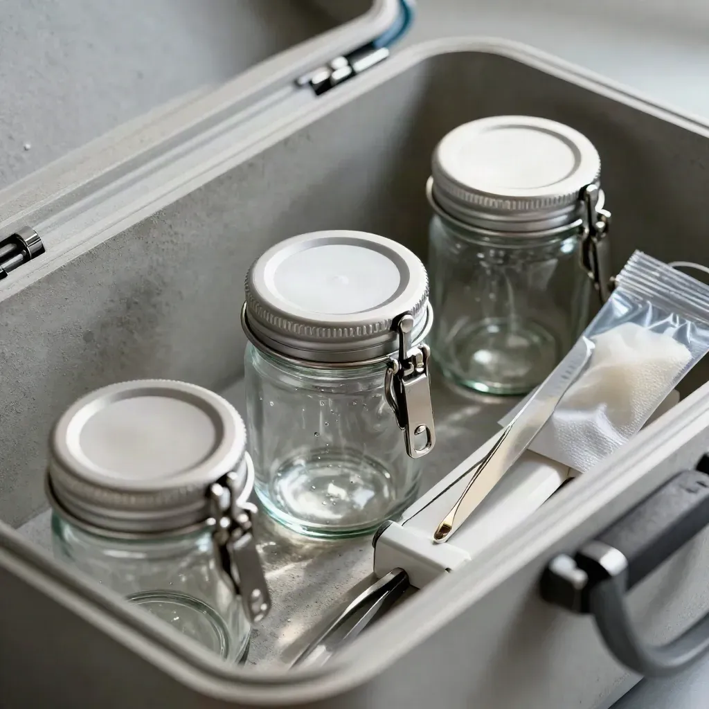 Half-open lab case with sample jars, tweezers, vial rack and desiccant on brushed concrete.
