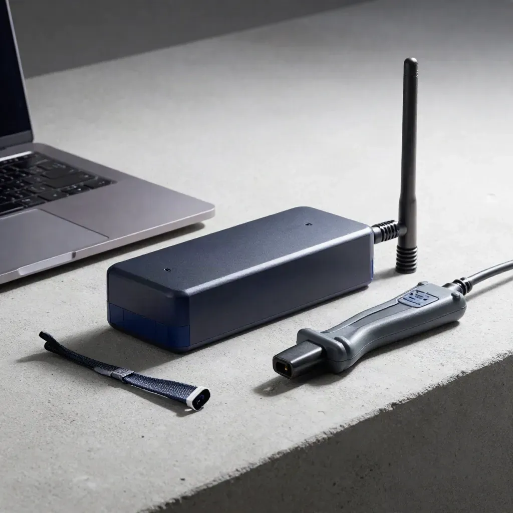 Laptop power brick, Wi‑Fi antenna and cable tester on pale concrete in dramatic studio light.