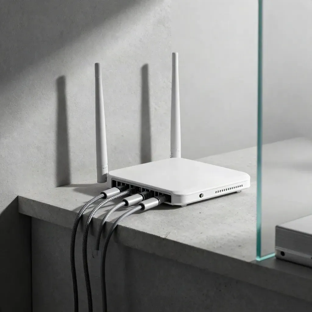 Wi‑Fi router, patch leads and desk dock behind frosted glass in a dim office corner.