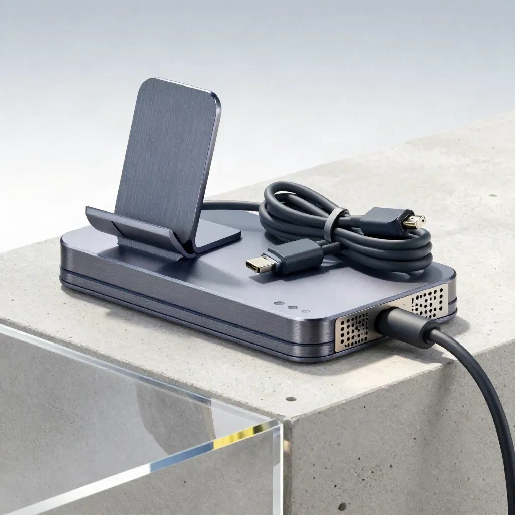 Charging hub stack, headset stand, cables, and organizer on pale concrete seen through acrylic
