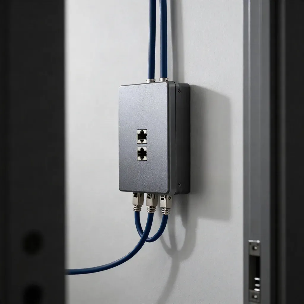 Brushed steel network alcove with access point, couplers, cable clips and a compact UPS through a doorway frame.