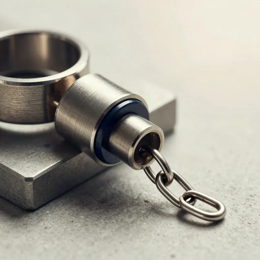 Macro rings, connector block, and bridge plate on stone with navy accent.