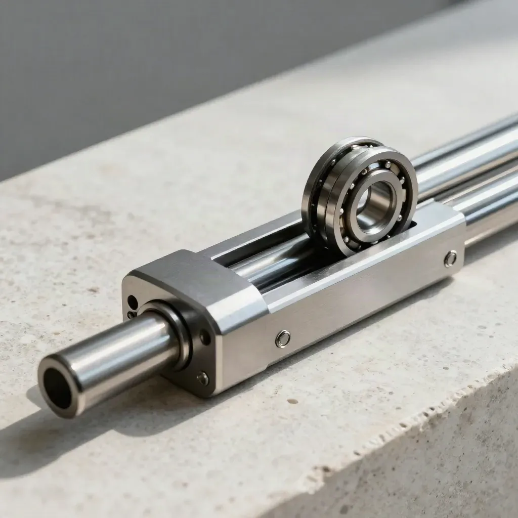 Linear rail, bearing block, and guide rods on pale stone in hard side light.