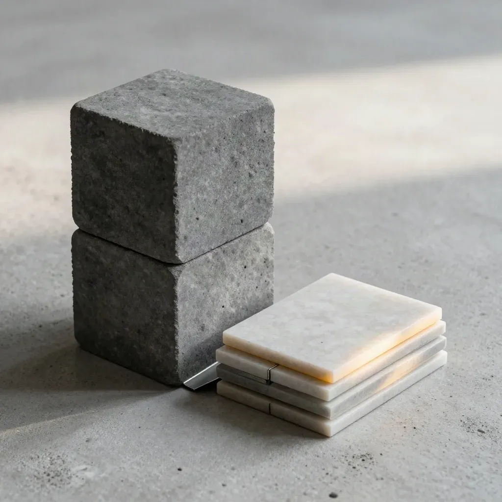 Stone blocks, dovetail joint, and magnetic tiles on concrete in soft daylight.