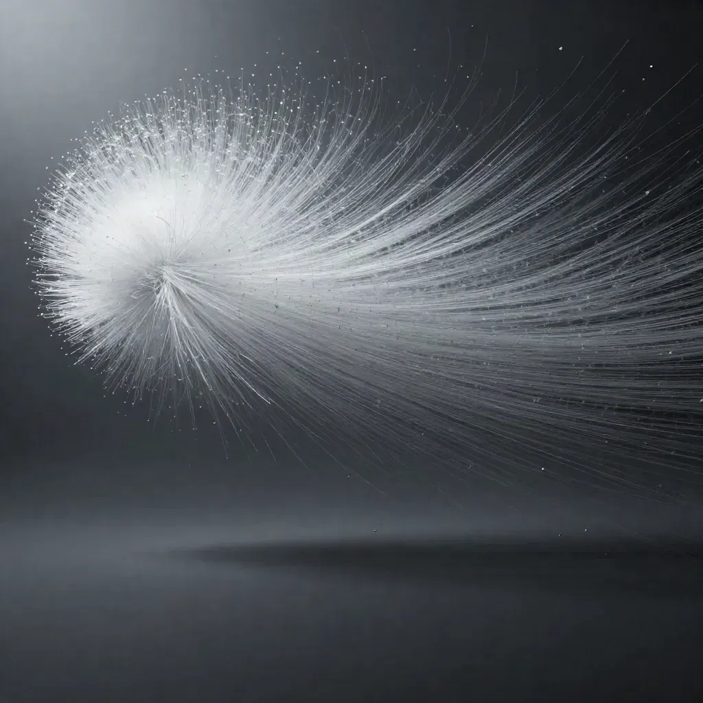 Silver filaments converge into a soft white bloom in dark graphite space, with open copy room below.